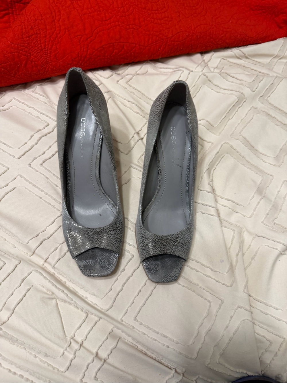 BCBG Metallic Gray Peep-Toe Heels